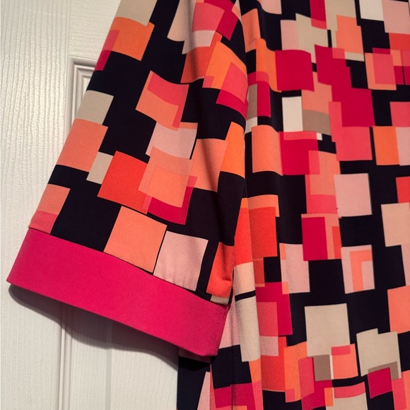 Jessica H Sz 16W Geometric Pattern Pink Navy Coral dress pink trim, fully lined - Picture 3 of 8
